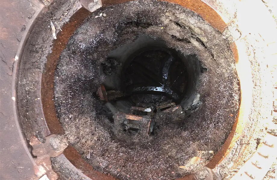 Blick in ein rostiges, rundes Metallrohr von oben, das nach unten führt. An den Rändern des Rohres sind Ablagerungen von Schmutz zu erkennen. Innerhalb des Rohres ist eine spiralförmige Konstruktion sichtbar.