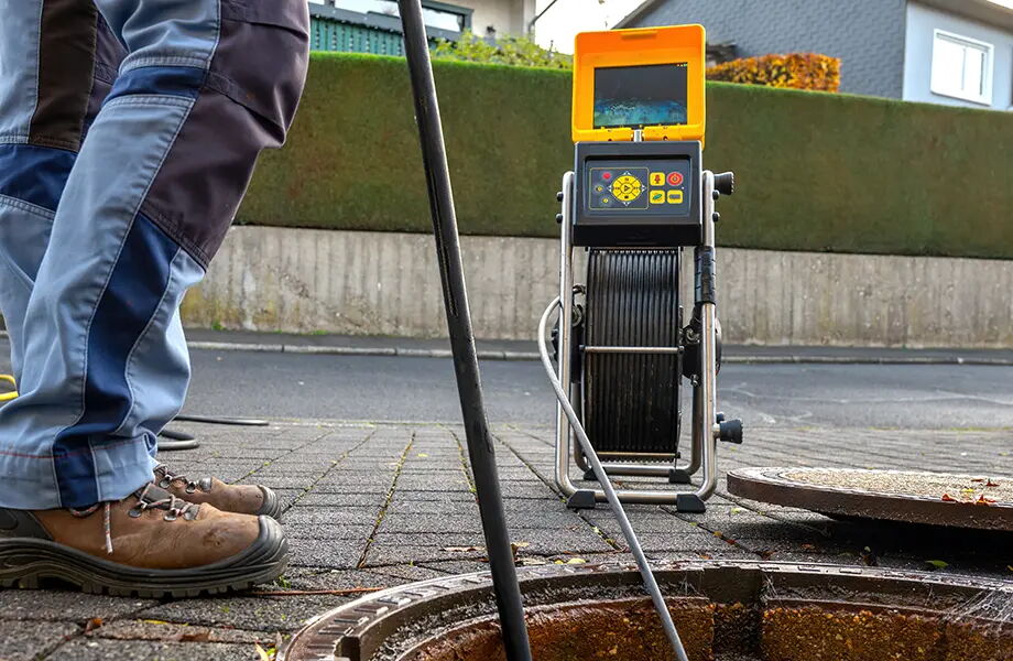 Eine Person in Arbeitskleidung steht neben einem geöffneten Kanaldeckel. Ein Gerät mit Bildschirm und Kabeltrommel ist daneben platziert, offenbar zur Kanalinspektion. Der Boden ist gepflastert, im Hintergrund ist eine Hecke.